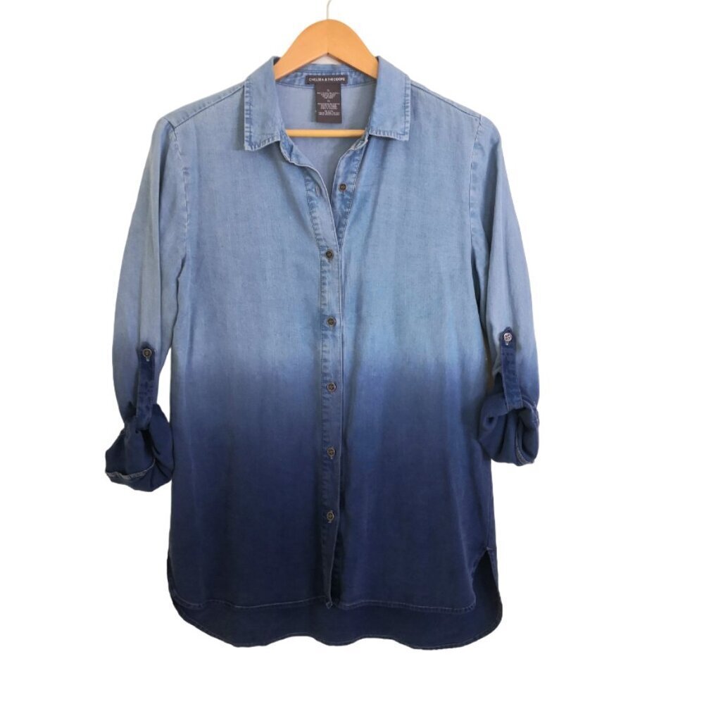 Chelsea & Theodore 100% Tencel Dip Dye Button Front Top Blue Size S